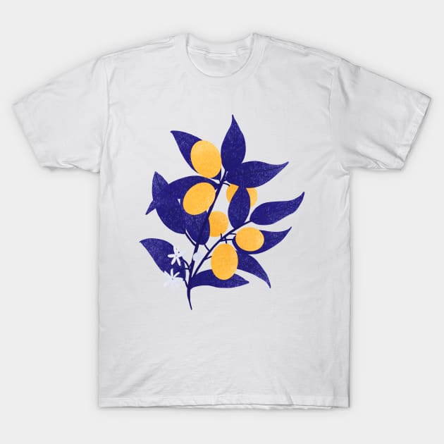 Blue and yellow citrus fruit branch T-Shirt by Home Cyn Home 